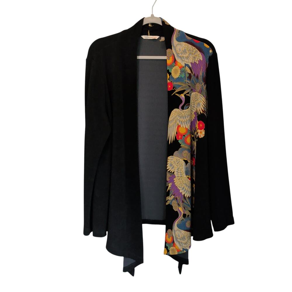 Soft Surroundings Black Open Front Cardigan with Multicolor Crane Trim